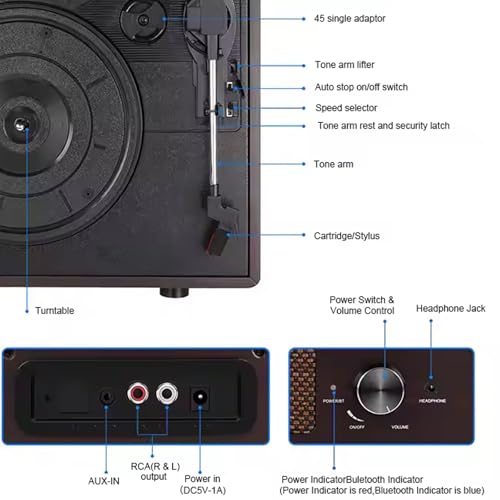 Bluetooth Record Player with Speakers – 3-Size Vinyl Records, 3-Speed Turntable, Wireless Playback, Built-in Stereo Speakers, RCA & Headphone Jacks, MDF Wood & Abs Cover, Ideal for - Les Beatles, Paul McCartney, John Lennon, RIngo Starr, George Harrison Bluetooth Record Player with Speakers - 3-Size Vinyl Records, 3-Speed Turntable, Wireless Playback, Built-in Stereo Speakers, RCA & Headphone Jacks, MDF Wood & Abs Cover, Ideal for – Image 5