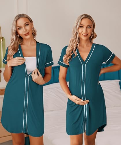 Image of Ekouaer Womens Nightgown Button Down Sleep Shirts Short Sleeve Nightshirt V-Neck Sleepdress Soft Sleepwer