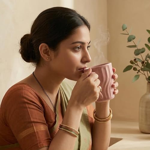 Image of The Earth Store Pink Artisan Wave Coffee Mug - 340ML Ceramic Coffee Mugs Set of 2 | Microwave & Dishwasher Safe Mugs for Gift | Home | Office | Restaurant | Daily Use Tea Mug