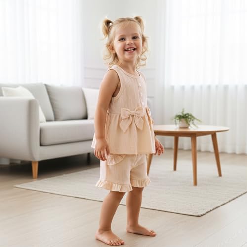 Image of Toddler Girl Clothes Sleeveless Top Shorts 2Pc Summer Outfit 12M-5T | 100% Cotton, Soft breathable, Double crepe fabric, Adorable bow ruffle pocket design, Perfect for daily wear, birthday, party