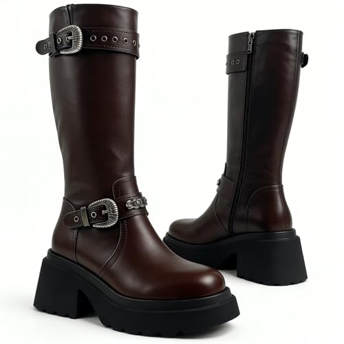 Greemarliy Edgy Black Leather Knee High Boots with Buckle Straps