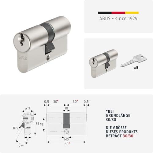 ABUS Profilzylinder E30NP 30/30 - Türschloss mit Not- und Gefahrenfunktion inkl. 5 Schlüssel - ABUS Sicherheitslevel 6