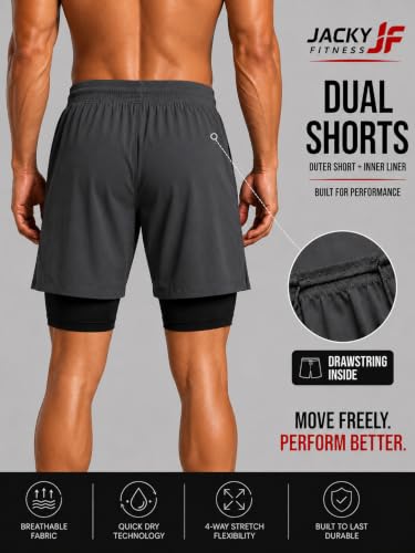 Image of Men's 2-in-1 Dual Layer Workout Shorts with Compression Liner, Phone Pocket, Quick-Dry Athletic Running Shorts for Gym, Training, Sports & Fitness