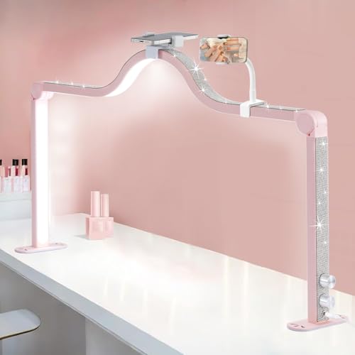 Afatnao Upgraded Nail Tech Lamp with Dual Phone Holder, 34 in Foldable Large Nail Light for Desk, 3 Modes 3000K-6000K LED Manicure Lamp, Half Moon Light for Lash Eyelash Extension, Tattoo, Eyebrows