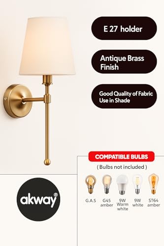 Image of AKWAY Antique Brass Finish Wall Lamps for Living Rooms with Bamboo Shade | Rattan and Cane Wall Lights for Bedroom | Wicker Wall scones - (Fabric Conical - Devika)