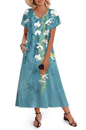 Image of Zeagoo Women Summer Floral Dress Short Sleeve Beach Dress with Pockets Casual V-Neck Split Long T-Shirt Dress Travel Vacation