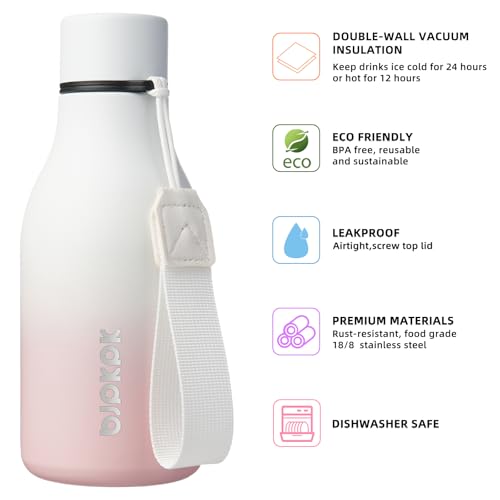 Image of BJPKPK Insulated Water Bottles, 12oz Stainless Steel Metal Water Bottle with Strap, BPA Free Leak Proof Jugs, Mugs, Flasks, Reusable Thermal Flasks for Sports & Travel, Graceful Pink