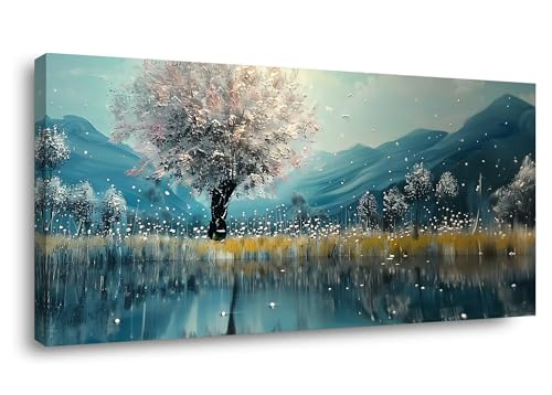 TEKMENT Pink Tree Wall art Mountain and Lake Boat Picture Nature Landscape Artwork Decor for Painting Framed Large Size for Living Room Bedroom Dinning Room Home Office Wall Decor Bedroom ( 20x40 Inches )