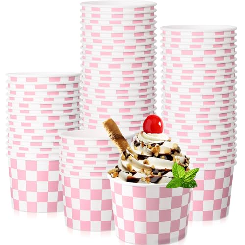 Image of Zopeal 50 Count Pink Checkered Ice Cream Cups Disposable Dessert Bowls | 9 oz, Race Car Paper Ice Cream Bowls, Birthday Party Supplies, Snack Cups Sundae Picnic Yogurt Bowls for Food