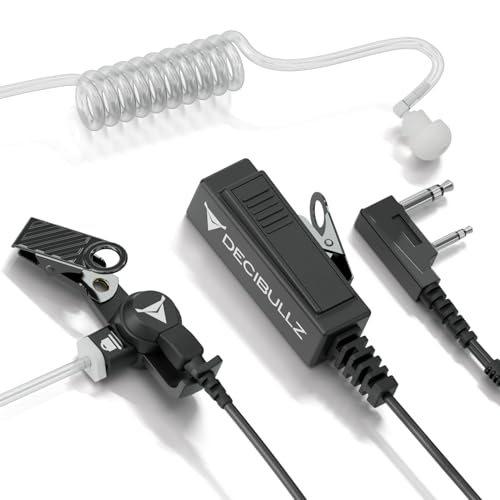 Decibullz 2-Way Surveillance Acoustic Tube Headset, K1 Earpiece Audio Set Compatible with Kenwood K-Plug & Baofeng, Inline PTT Mic, Clear Coil, K-Type 2-Pin (3.5mm & 2.5mm) Jack