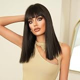 PARK YUN Black Bob Cut Wig with Bangs 18 Inch Short Straight Shoulder Length Natural Looking Synthetic Hair Heat Resistant Wig for Women Girls Daily Party Cosplay Halloween Use