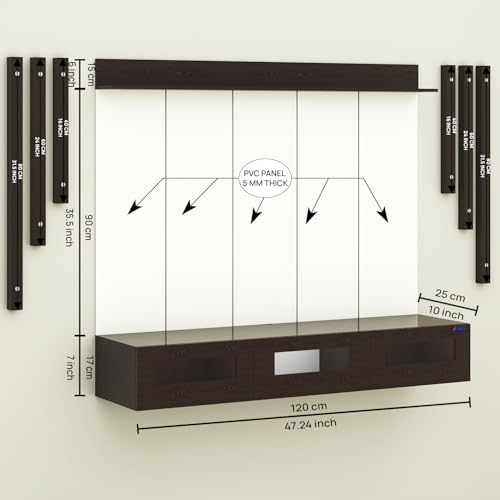 Image of Anikaa RayzaPro Engineered Wood Wall Mount TV Unit with PVC Back Panel, Acrylic Blue LED Storage Box, Side Wooden Accent Spot Light Panels I Deal for Up to 50 Inch TV (Wenge - DIY Installation)