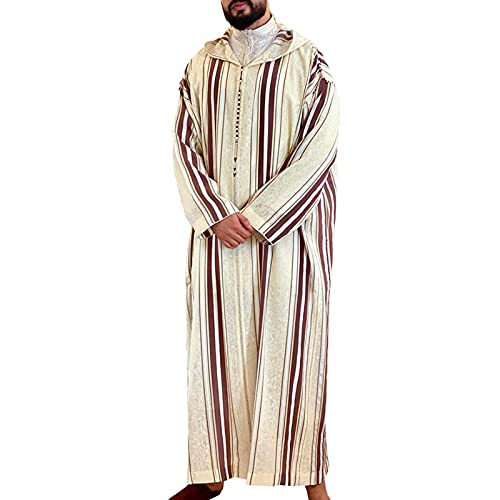 Islamique Arabe Vêtements Hommes Djellaba Dubaï Abaya Musulman Caftan Moyen-Orient Caftan Lâche Casual À Capuche Rayé Robe Jubba Thobe,Beige,M Cover