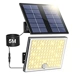 Solarlampen für Außen, Solarleuchte mit Bewegungsmelder,113 LED Solar Strahler IP65 Wasserdichte Solar-Split Wandleuchte mit 5m Kabel für Garage, Garten, Hof, Stufen, Haustüren, Rasen