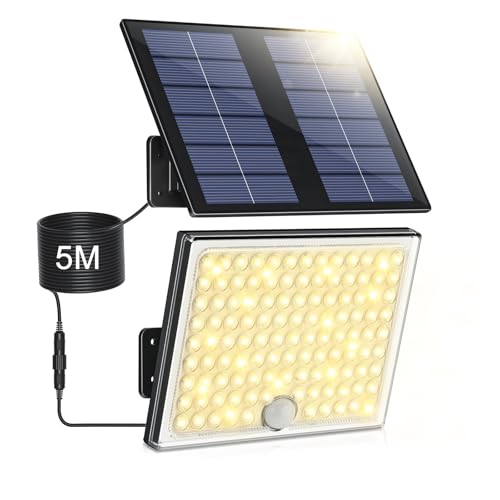 Solarlampen für Außen, Solarleuchte mit Bewegungsmelder,113 LED Solar Strahler IP65 Wasserdichte Solar-Split Wandleuchte mit 5m Kabel für Garage, Garten, Hof, Stufen, Haustüren, Rasen