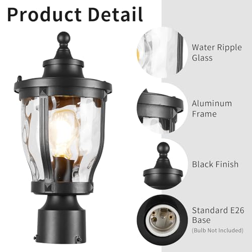 Image of Outdoor Post Lights Lamp Post Light Fixture, 14'' Pole Lantern with E26 Base 60W Max & Waterproof Aluminum Housing Plus Hammered Water Ripple Glass, Fence Post Deck Lighting for Garden, Patio, Pathway