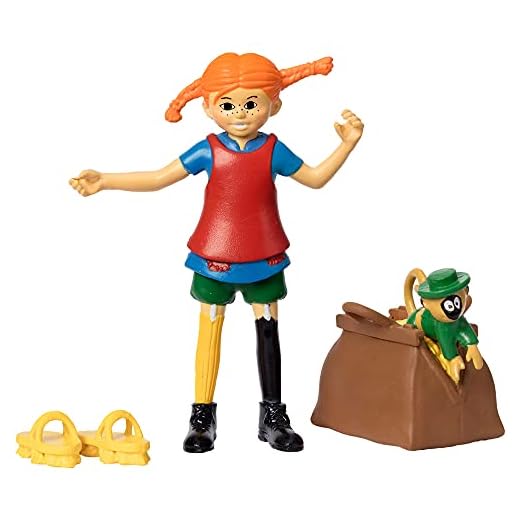 PIPPI LÅNGSTRUMP Leksaker Docka Actionfigur Set – Pippi + Herr Nilsson + Pengar + Skurborstar Tillbehör Docka, 80 mm, Ålder 3+