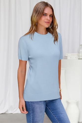 Image of Arach&Cloz Women's Lightweight Wool Blend Short Sleeve Sweater Top Business Casual
