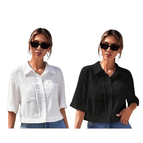 Image of TOPLOT V-Collar Solid Crop Shirt for Women with Half Sleeves, Polyester, Regular Fit