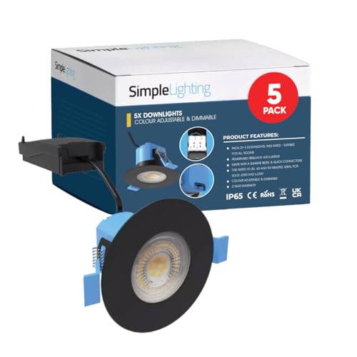 Simple Lighting® Pack of 5 Fire Rated LED Downlights, Matt Black, 6W 600lm, CCT Adjustable (3000K/4000K/6000K), IP65 Waterproof, Dimmable, 55-70mm Cut-Out