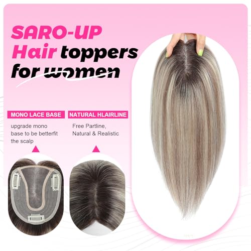 SARO-UP Hair Toppers for Women Real Human Hair Toppers for Women with Thinning Hair 4x4.5 inch Larger Mono Base 150% Density HairPieces Add Volume 12Inch (Ombre Light Brown with Blond Highlight)