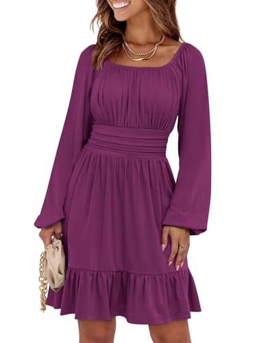 ANRABESS Womens Dress Long Lantern Sleeve Square Neck Elastic Waist Ruffle Flowy Swing A-Line Short Dresses 2025 Fall Fashion Deep Purple Large