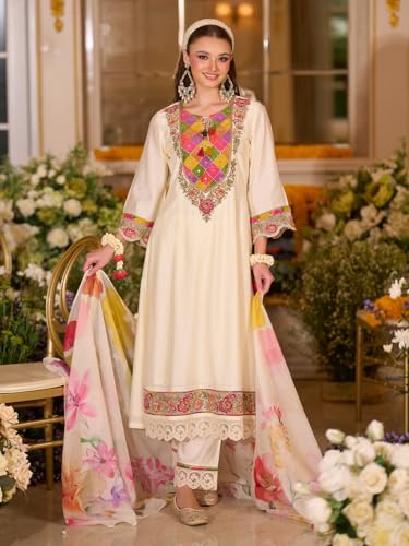 Image of INDO ERA Women's Silk Blend Floral Embroidered A-Line Kurta & Pant with Dupatta Set (IEOUT12374)