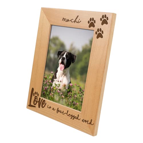 Love is a Four-Legged Word Wood Engraved Dog & Cat Picture Frame with Glass, Paw Print, Pet Memorial & Lover Gift (5x7 Portrait Custom)