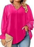 Eytino Women Plus Size V Neck Smocked Long Sleeve Solid Color Tops Casual Loose Blouses Shirts,3X Strawberry Pink