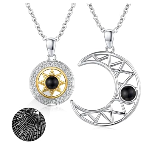REDSUN Sonne und Mond Halskette 925 Sterling Silber 100 Sprachen Ich Liebe Dich Kette 2 Stücke BFF Anhänger Paar Halskette Keltisches Schmuck Geschenke für Paare lieben Frauen Mädchen