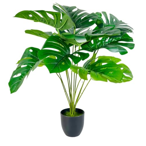 Image of Dekorly Artificial Palm Plants Leaves Faux Turtle Leaf Fake Monstera Tropical Large Palm Tree Leaves Outdoor UV Imitation Leaf Decorations (Black Pot Monstera)