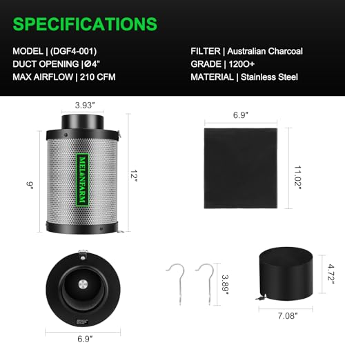 MELONFARM 4 Inch Air Carbon Filter Smelliness Control with Australia Virgin Charcoal, Odor Removal Carbon Filter for Grow Tent, Inline Fan, Hydroponics, Pre-Filter Included, Insulated Flange 4" x 11"