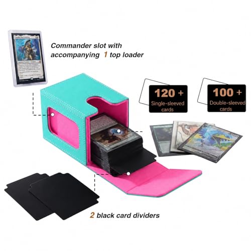 Image of Venssu MTG Deck Box for Commander Display,Card Deck Box Fits 100 Double Sleeved Cards,TCG with 2 Dividers and 1 Toploader (Turquoise and Pink)