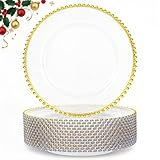 supernal 12pcs Clear Charger Plates Plastic Gold Chargers With Beaded Rimmed 13Inch Set of 12 Premium Plastic Dinnerware for Dinner Plates Suitable For Wedding,Christmas Party,Birthday,Mother's Day