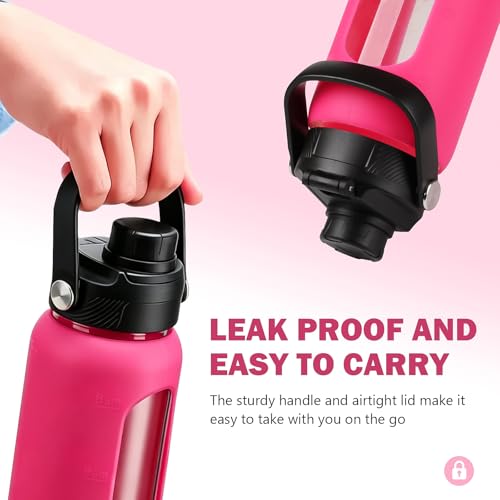 Image of 32 oz Glass Water Bottle with Straw - 2 Lids (Bamboo & Spout Lid), 1L Motivational Borosilicate Glass Daily Water Intake Bottle with Time Marker, Silicone Sleeve for Home Office-Rose Red