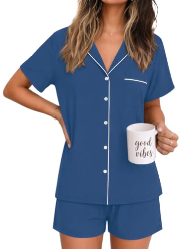 Image of Ekouaer Womens Pajamas Set Soft Classic Notch Collar Bride Pjs Comfy Short Sleeve Sleepwear Loungewear
