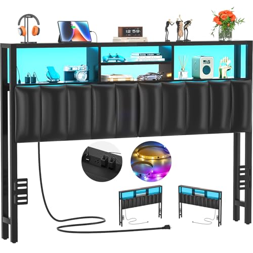 Image of Aheaplus Headboard for Queen Size Bed with Storage, Upholstered Headboards | with Outlets, USB Ports and LED Light, Reversible Queen Size Head Board, Height Adjustable, Comfortable Headboard, Black