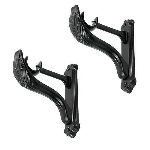 KUMGROT 2 Pack Feather Shape Metal Curtain Rod Brackets - Heavy Duty Decorative Holders and Hooks for 1 Inch Drapery Rods - Wall-Mounted Single Bracket, Black