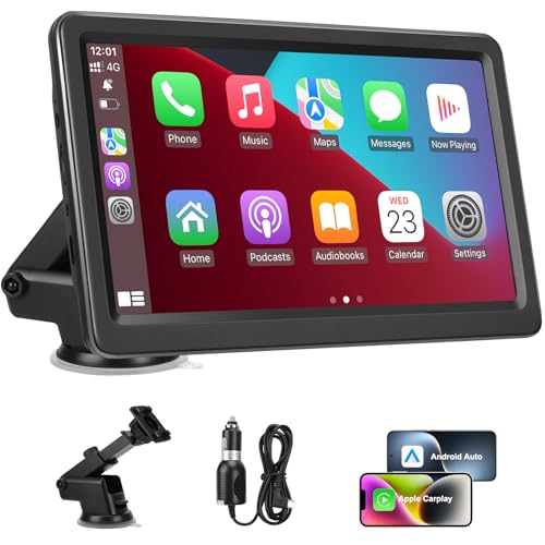 Carplay Screen for Car, 7" Wireless Carplay & Android Auto, Portable HD Touchscreen with Mirror Link, GPS Navigation, Voice Control, Hands-Free Calling, Bluetooth/AUX/FM, Plug & Play Car Play Screen