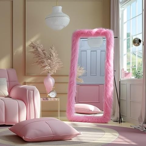 Anpark Full Length Mirror 71"x32" Free Standing Floor Mirror Chic Pink Faux Fur Framed Wall Mounted Full Body Mirror Leaning Hanging Wall Mirror for Bedroom Entrance Cover
