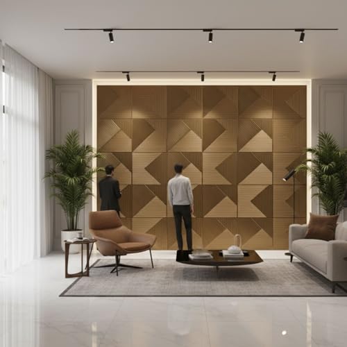 Image of Kayra Decor 3D PVC Wall Panels | Fluted Design - Golden Color | 19.7 inch x 19.7 inch (Pack of 40) - Covers 107.60 Sq. Ft | Premium Home & Office Wall Decoration