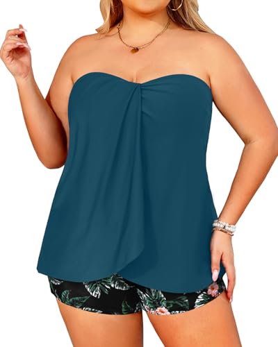 Image of Daci Plus Size Bandeau Tankini Swimsuit for Women 2 Piece Halter Swim Top with Shorts Tummy Control Bathing Suits