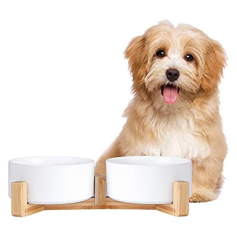 Ceramic Dog Bowl Set- Cat Dog Bowls with Non Slip Wood Stand - No Spill Double Pet Dish for Food Water Feeding (3.6 Cup-Suitable for medium sized dog) Cover