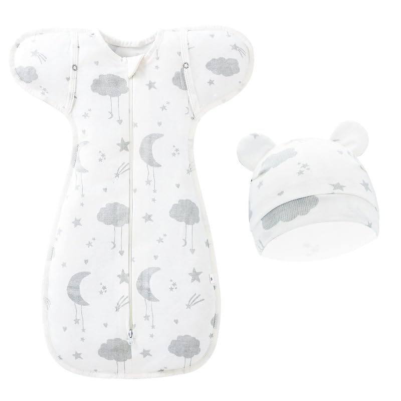 KATGROCHIR Surrendering Style Swaddle, Baby Sleeping Bag Hooded Set Soft Cotton for Boys and Girls Wear for 0-12 Months (Gray Stars and Moon)