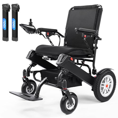 30 Miles Long Range Electric Wheelchair for Adults, Foldable Motorized Wheelchair with 2 Removable 10Ah Batteries, All Terrain Power Wheelchairs for Senior, Airline Approved, Black