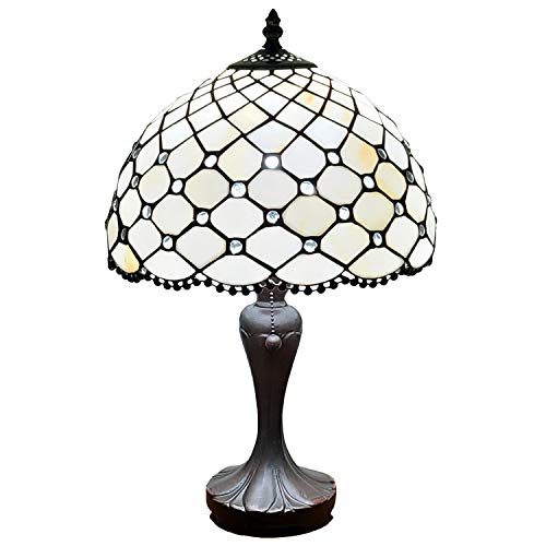 Tiffany Style Table Lamp Banker Jeweled Beaded 19" Tall Stained Glass White Yellow Stains Tan Elegant Vintage Light Décor Living Room Bedroom Office Handmade Gift Am120Tl12B Amora Lighting #TOP1