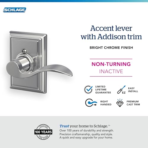 Image of Schlage Accent Lever with Addison Trim Non-Turning Lock in Bright Chrome - Right Handed