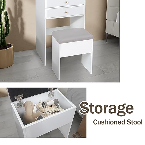 ARTETHYS Small Vanity Desk Set with 3 Adjustable Lighted Mirror and Storage Chair, Makeup Vanity Table for Small Space, White Dressing Table with Fold-up Panel for Bedroom - Thumbnail 5