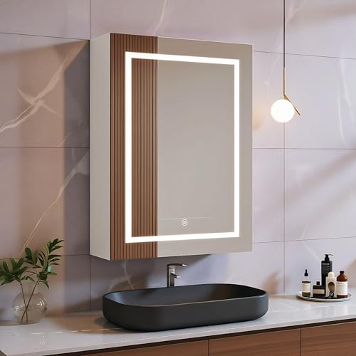 TIMORWTF - Armario con espejo para cuarto de baño, con iluminación LED e interruptor táctil, una sola puerta, 50 x 15 x 70 cm, 3 colores y regulable, armario de baño con espejo ajustable, color blanco