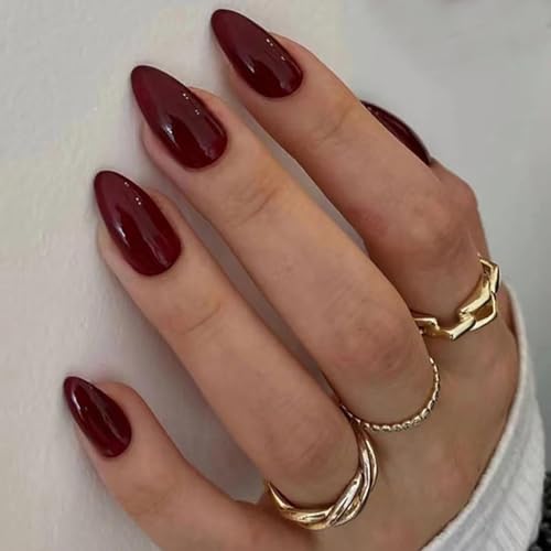 IQXGE Short Acylic Press on Nails Almond False Fake Nails Press ons Full Cover Stick on Nail Cherry Red Acrylic Fake Nail Glossy Artificial 24Pcs Reusable for Women
